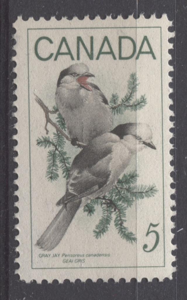Canada #478 (SG#620) 5c Green, Black And Red 1968 Gray Jays DF/DF-fl, LF, S Paper F 70 NH Brixton Chrome 