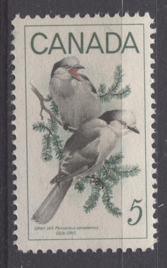 Canada #478 (SG#620) 5c Green, Black And Red 1968 Gray Jays DF/DF-fl, LF, S Paper F 70 NH Brixton Chrome 