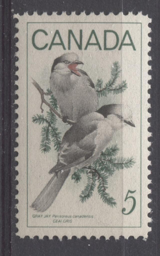 Canada #478 (SG#620) 5c Green, Black And Red 1968 Gray Jays DF/DF-fl, LF, S Paper VF 75/80 NH Brixton Chrome 