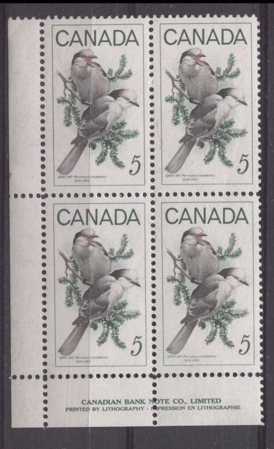Canada #478 (SG#620) 5c Green, Black And Red 1968 Gray Jays LL Inscription Block On DF-fl, MF, S Paper VF 75/80 NH Brixton Chrome 
