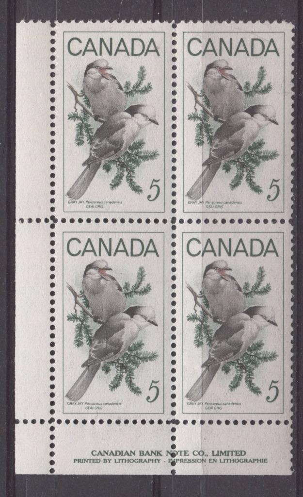 Canada #478 (SG#620) 5c Green, Black And Red 1968 Gray Jays LL Inscription Block On NF-fl, LF, S Paper VF 84 NH Brixton Chrome 