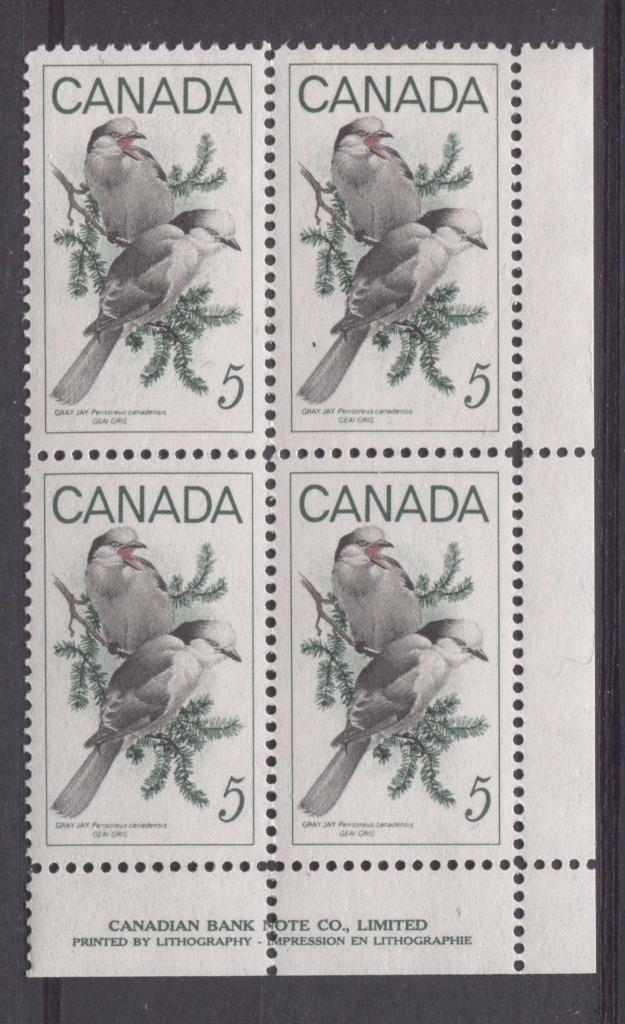 Canada #478 (SG#620) 5c Green, Black And Red 1968 Gray Jays LR Inscription Block On DF-fl, LF, S Paper VF 84 NH Brixton Chrome 
