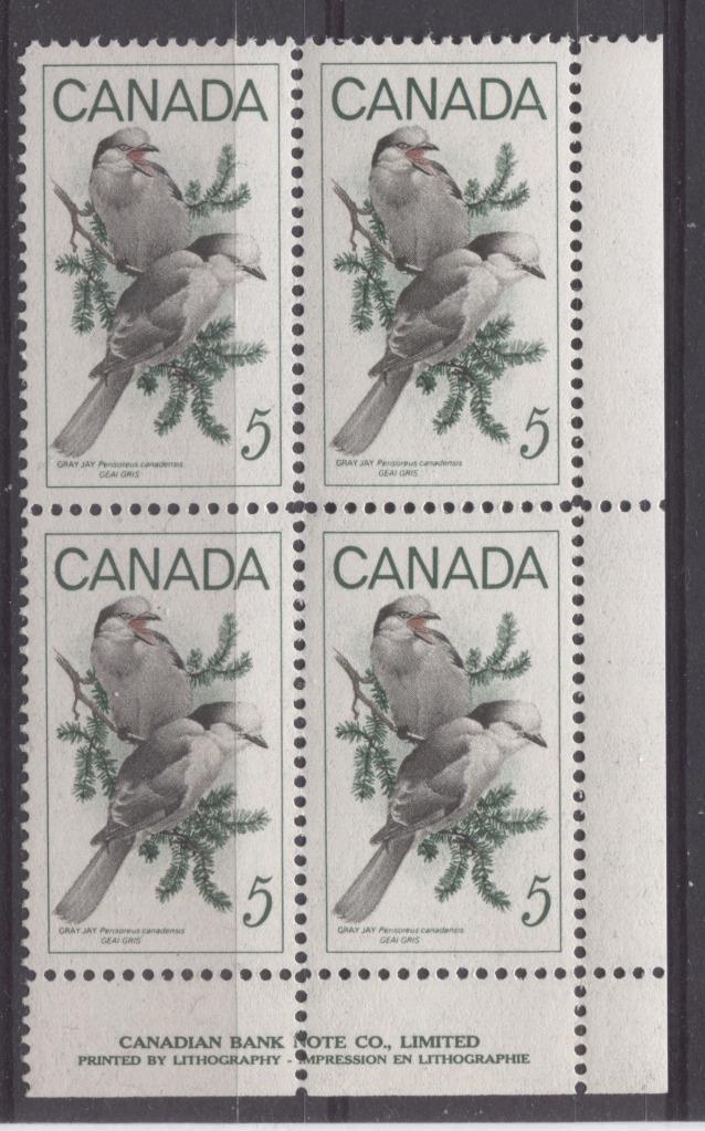 Canada #478 (SG#620) 5c Green, Black And Red 1968 Gray Jays LR Inscription Block on NF-fl, S Paper VF 75/80 NH Brixton Chrome 