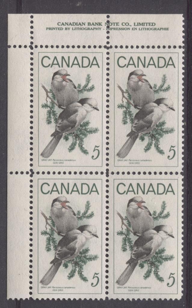 Canada #478 (SG#620) 5c Green, Black And Red 1968 Gray Jays UL Inscription Block on DF-fl, MF, S Paper VF 75/80 NH Brixton Chrome 