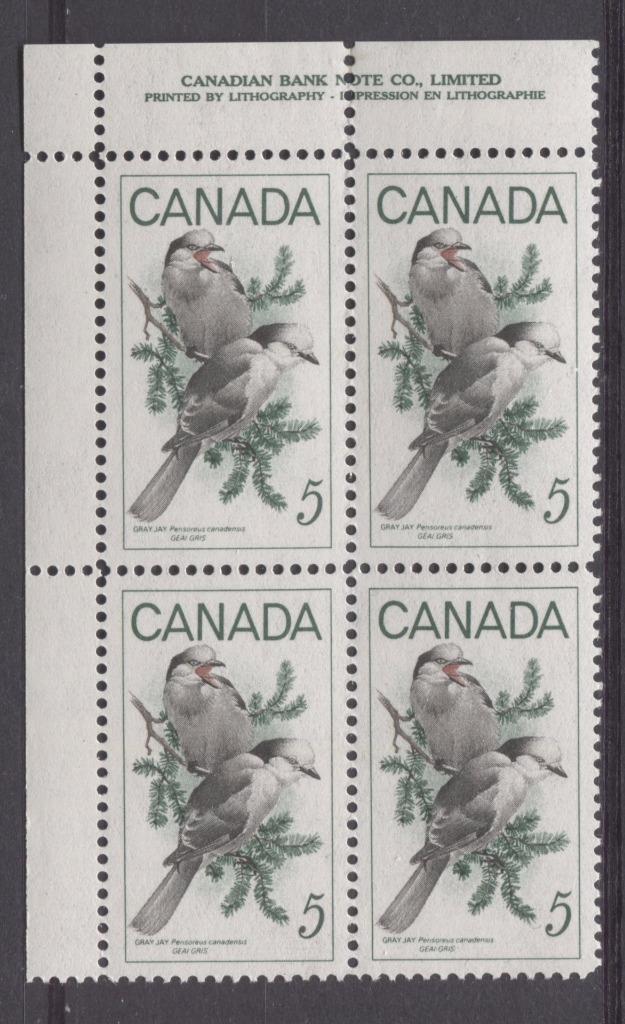 Canada #478 (SG#620) 5c Green, Black And Red 1968 Gray Jays UL Inscription Block On NF-fl, LF, S Paper VF 84 NH Brixton Chrome 