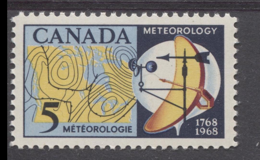 Canada #479 (SG#621) 5c Dark/Light Blue, Yellow And Red 1968 Meteorology Issue NF/DF Paper VF 84 NH Brixton Chrome 