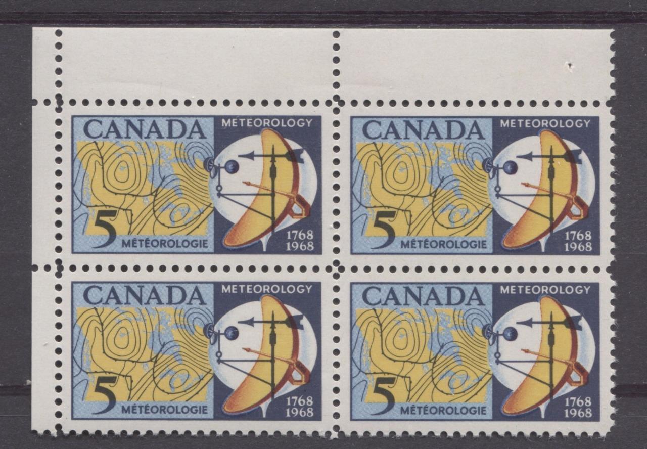 Canada #479 (SG#621) 5c Dark/Light Blue, Yellow And Red 1968 Meteorology Issue UL Field Stock Block On DF Paper VF 75/80 NH Brixton Chrome 