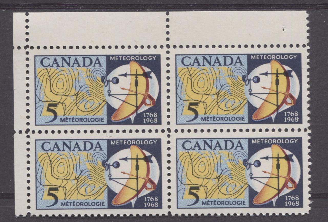 Canada #479 (SG#621) 5c Dark/Light Blue, Yellow And Red 1968 Meteorology Issue UL Field Stock Block on DF Paper VF 84 NH Brixton Chrome 
