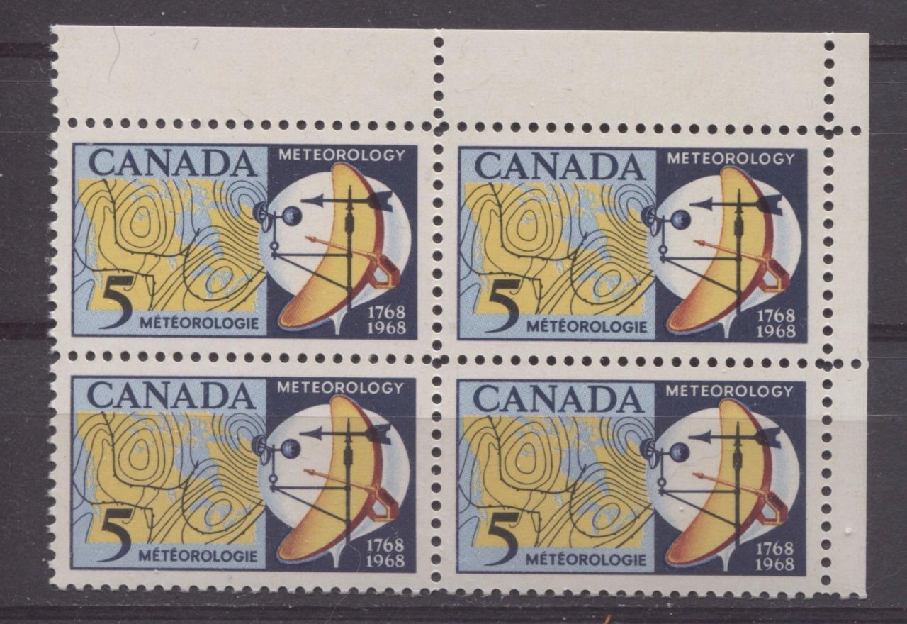 Canada #479 (SG#621) 5c Dark/Light Blue, Yellow And Red 1968 Meteorology Issue UR Field Stock Block on DF Paper VF 84 NH Brixton Chrome 
