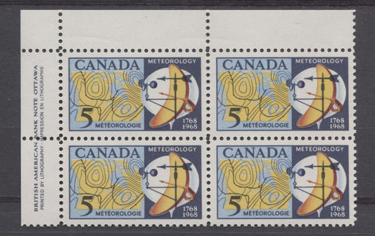 Canada #479 (SG#621) 5c Dark/Light Blue, Yellow And Red 1968 Meteorology UL Inscription Block on DF Paper VF 75/80 NH Brixton Chrome 