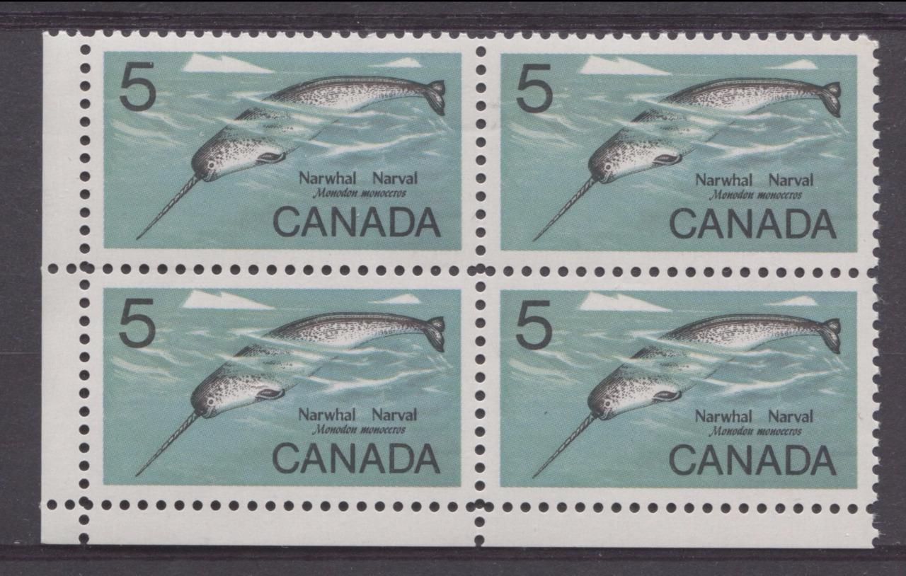Canada #480ii (SG#622) 5c Multicoloured 1968 Narwhal LL Field Stock Block On LF Paper VF 84 NH Brixton Chrome 