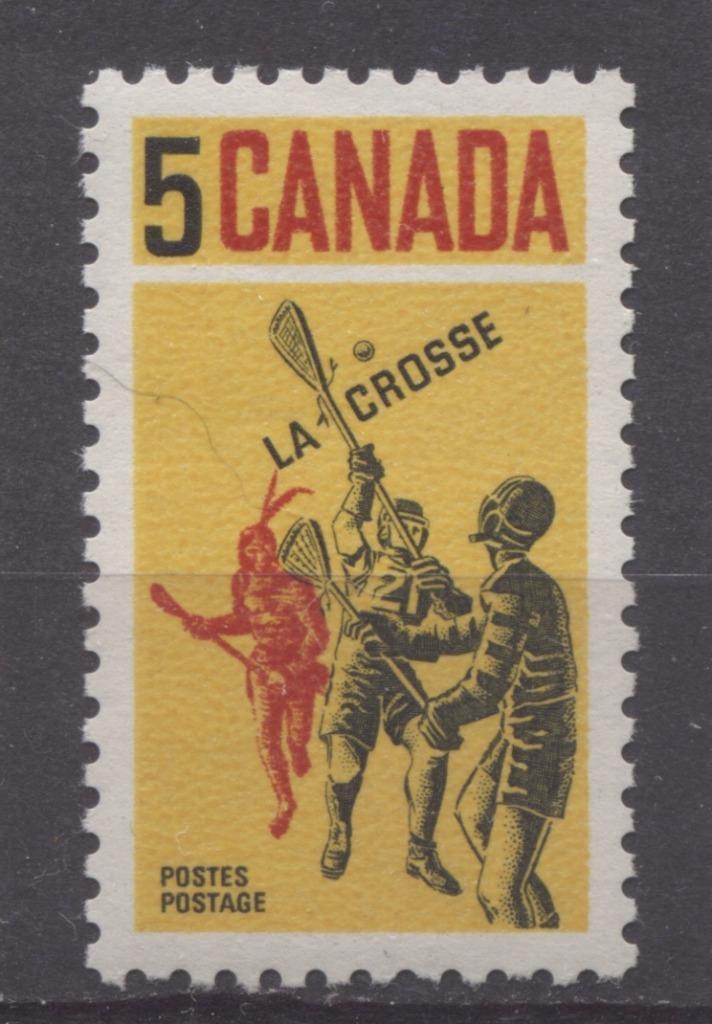 Canada #483 (SG#625) 5c Yellow, Black And Red 1968 Lacrosse Issue DF-fl, HF, S Paper VF 75/80 NH Brixton Chrome 