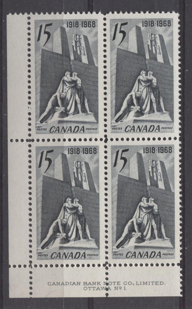 Canada #486 (SG#629) 15c Slate 1968 50th Anniversary of WW1 Armistice Issue Plate 1 LL DF Paper VF 75/80 NH Brixton Chrome 