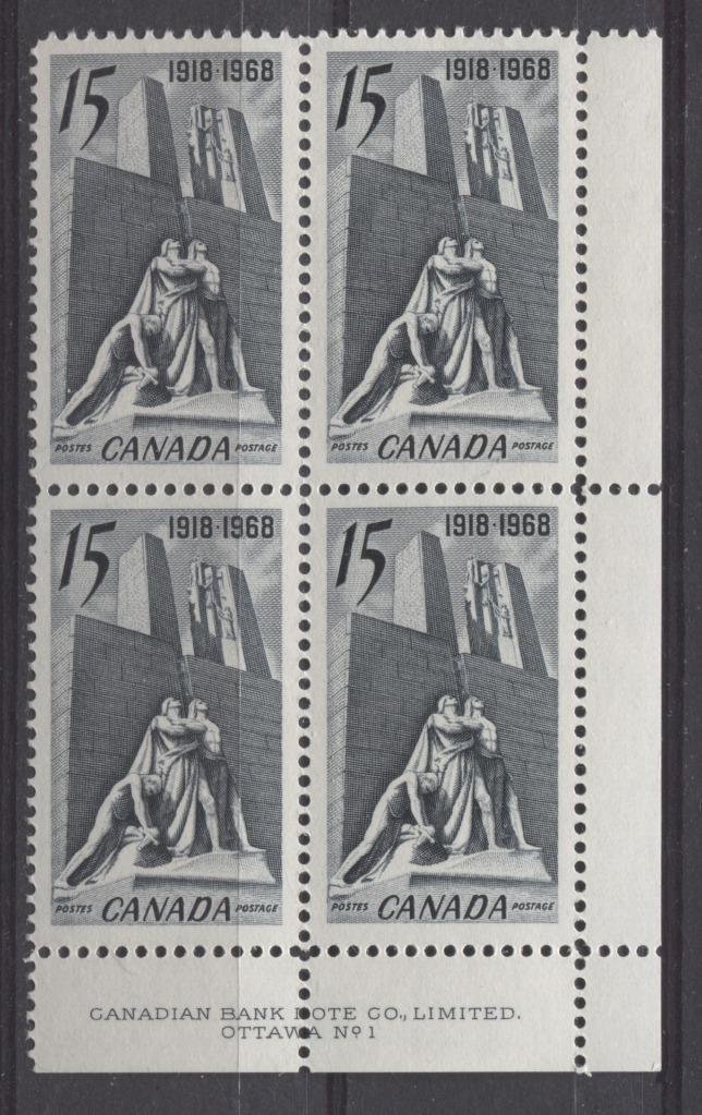 Canada #486 (SG#629) 15c Slate 1968 50th Anniversary of WW1 Armistice Issue Plate 1 LR On DF Paper VF 75/80 NH Brixton Chrome 