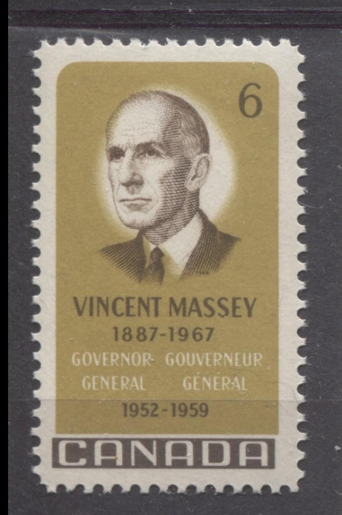 Canada #491 (SG#633) 1969 6c Yellow Olive And Dark Brown Vincent Massey Issue HF/MF-fl, HB, S Paper VF 75/80 NH Brixton Chrome 