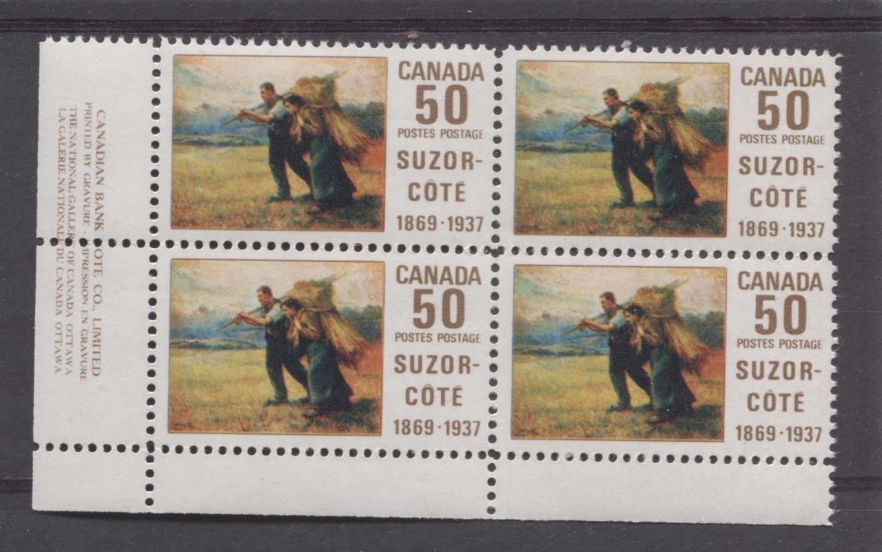 Canada #492 (SG#634) 50c Multicoloured 1969 Suzor-Cote Issue LL Inscription Block On HB Paper VF 75/80 NH Brixton Chrome 