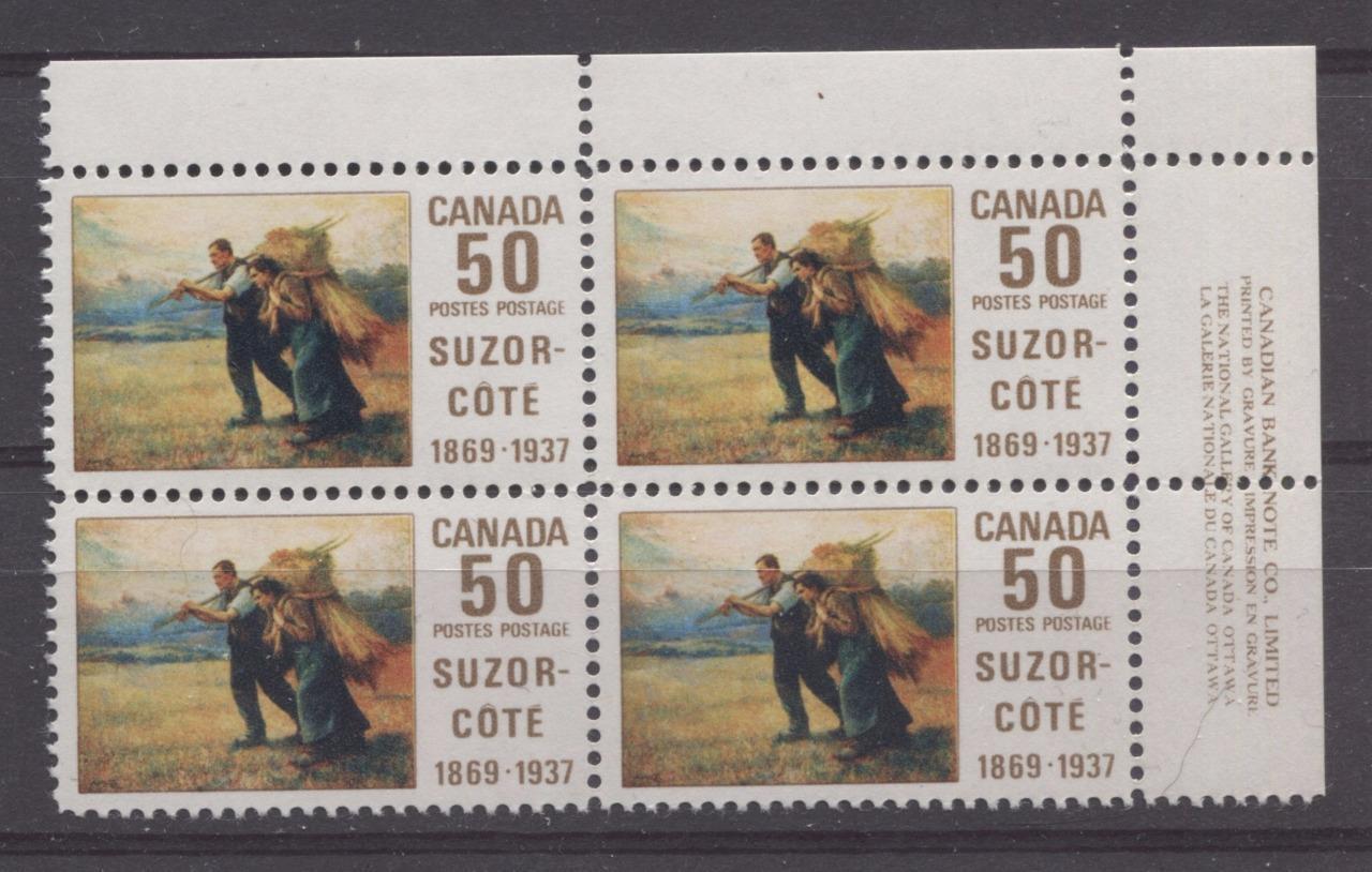 Canada #492 (SG#634) 50c Multicoloured 1969 Suzor-Cote Issue UR Inscription Block On HB Paper VF 75/80 NH Brixton Chrome 