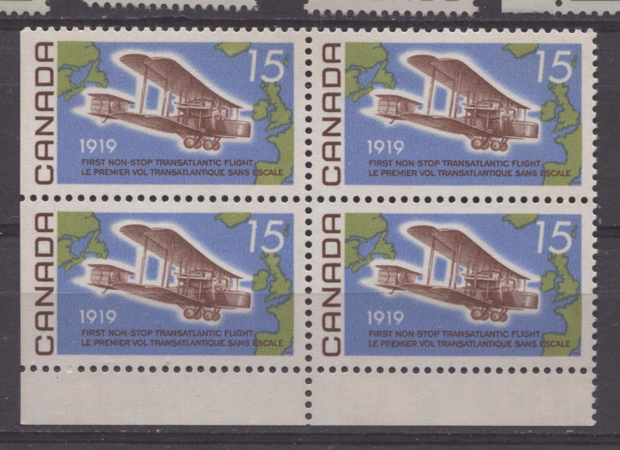 Canada #494 (SG#636) 15c Multicoloured 1969 50th Anniversary of Alcock & Brown Flight Issue LL Field Stock Block On DF-fl, MF, S Paper VF 84 NH Brixton Chrome 