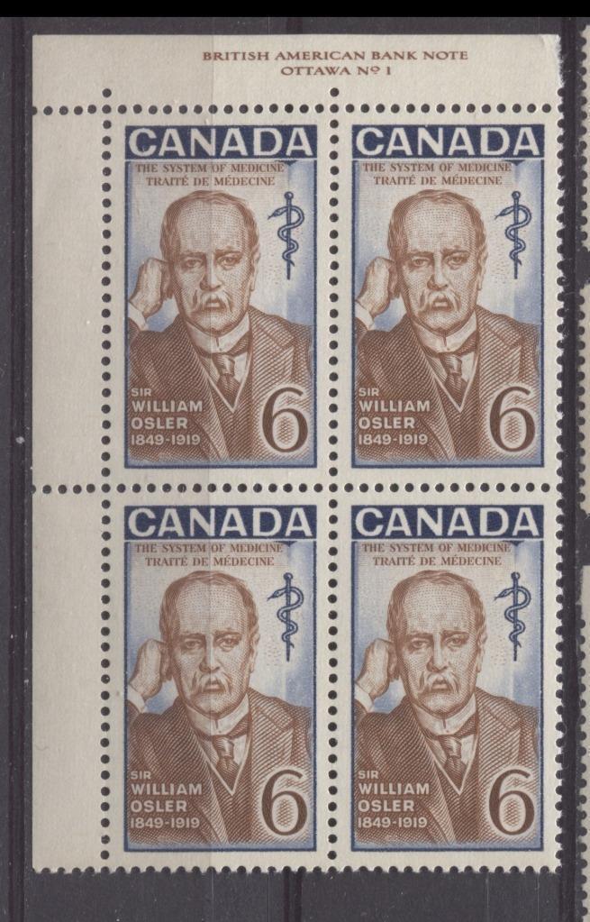 Canada #495 (SG#637) 6c Dark And Light Blue and Rust 1969 William Osler Issue Plate 1 UL On DF Paper VF 75/80 NH Brixton Chrome 