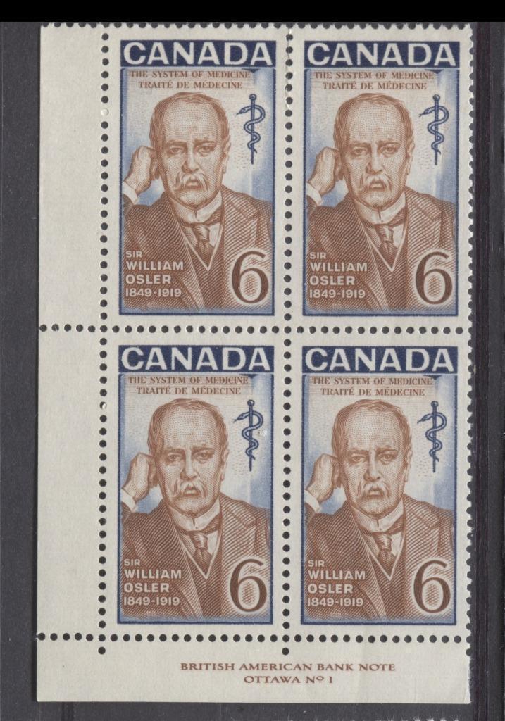 Canada #495i (SG#637a) 6c Dark & Light Blue and Rust 1969 William Osler Issue Plate 1 LL On HB Paper VF 75/80 NH Brixton Chrome 
