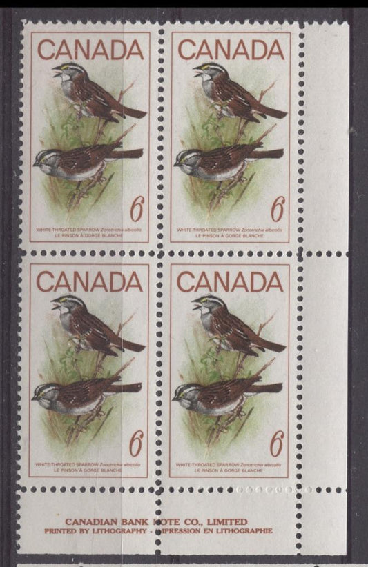 Canada #496 (SG#638) 1969 6c Multicolored White Throated Sparrow LR Inscription Block On HF/MF Paper VF 84 NH Brixton Chrome 