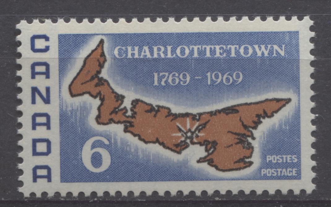 Canada #499 (SG#642) 1969 6c Ultramarine, Orange Brown, And Black Map of Prince Edward Island DF-fl, LF, LD Paper VF 75/80 NH Brixton Chrome 