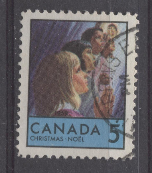 Canada #502 (SG#644) 5c Blue, Multicolored Children Praying 1969 Christmas Issue HF Paper VF 84 Used Brixton Chrome 
