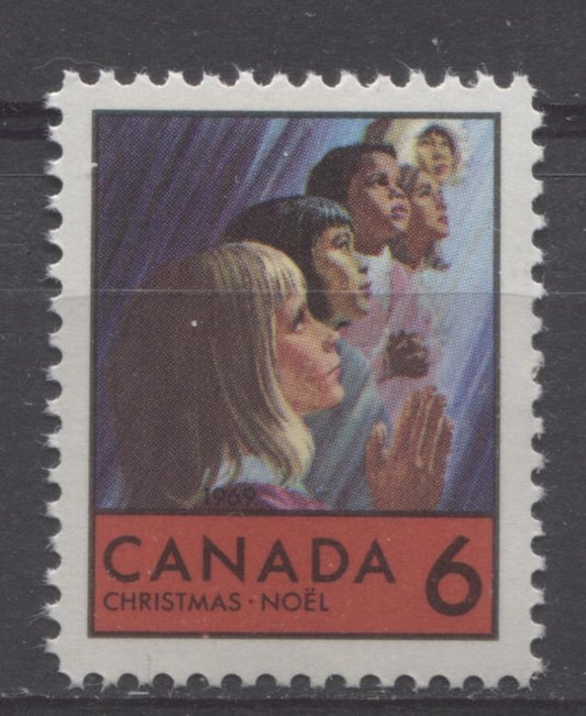 Canada #503 (SG#645) 6c Multicolored Children Praying, 1969 Christmas Issue HF-fl, HB, LD Paper VF 75/80 NH Brixton Chrome 