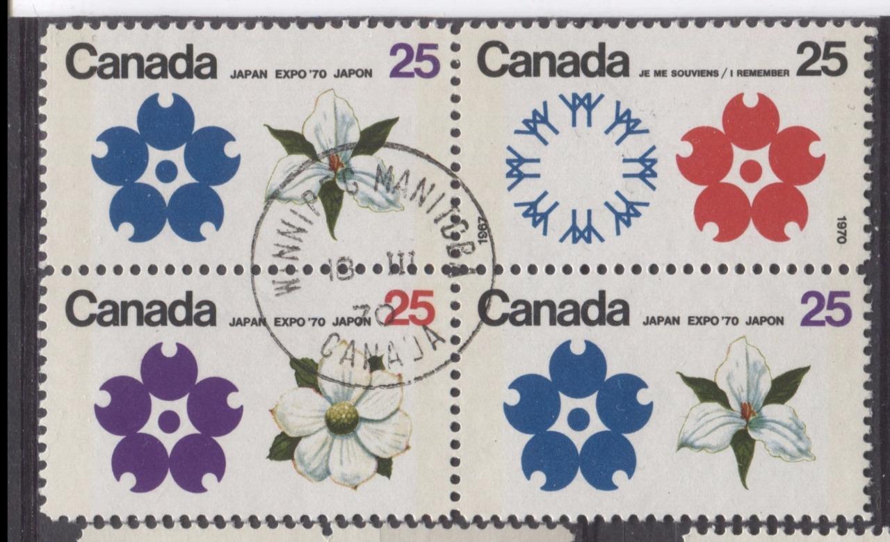 Canada #508p, 509p, 511p (SG#650p, 651p, 653p) 25c Multicoloured 1970 Expo '70 Issue W2B Tagged Block DF/DF-fl, LF, S Paper VF 84 Used Brixton Chrome 
