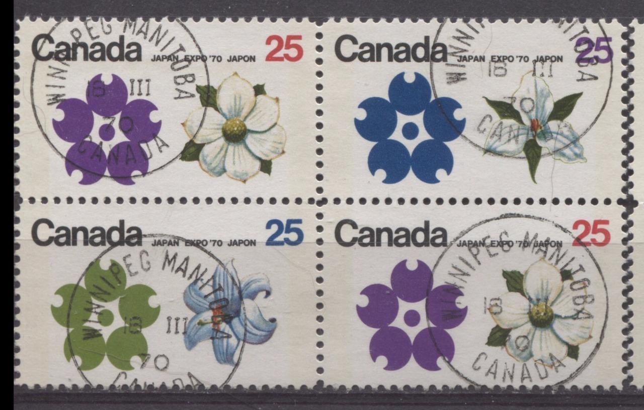 Canada #509p, 510p, 511p (SG#651p-653p) 25c Multicoloured Emblem1970 Expo '70 Issue W2B Tagged Block On DF/DF-fl, LF, LD Paper VF 75/80 Used Brixton Chrome 