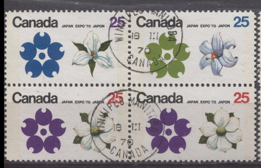 Canada #509p-511p (SG#651p-653p) 25c Multicoloured Emblems 1970 Expo '70 Issue W2B Tagged Block On NF/DF-fl, LF, LD Paper VF 75/80 Used Brixton Chrome 