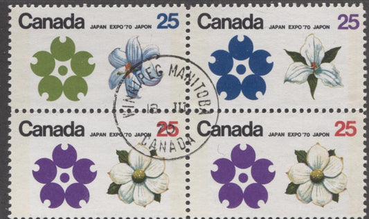 Canada #509p-511p (SG#651p-653p) 25c Multicoloured Emblems 1970 Expo '70 Issue W2B Tagged Block On NF/DF-fl, MF, LD Paper VF 75/80 Used Brixton Chrome 