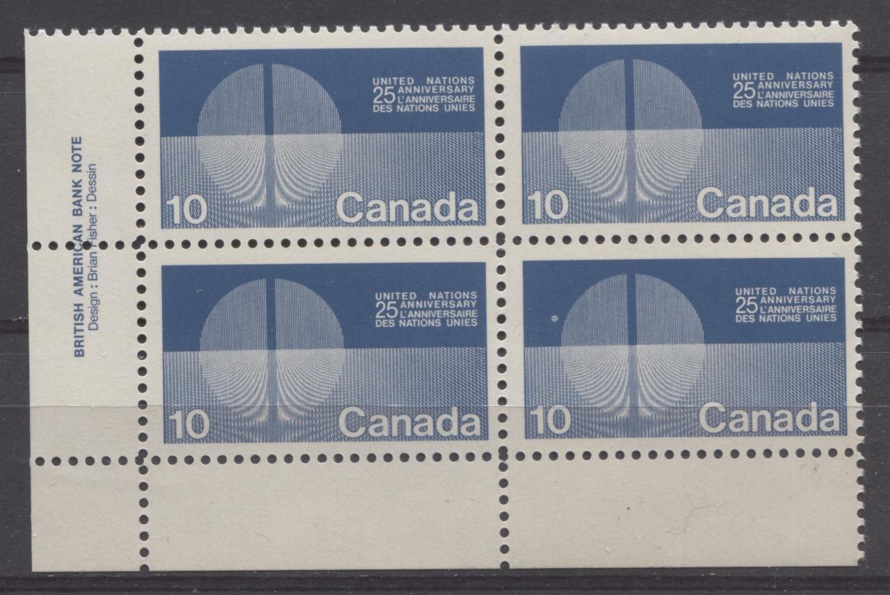 Canada #513i (SG#655) 10c Blue 1970 25th Anniversary Of The UN Issue LL Inscription Block LF Paper VF 75/80 NH Brixton Chrome 