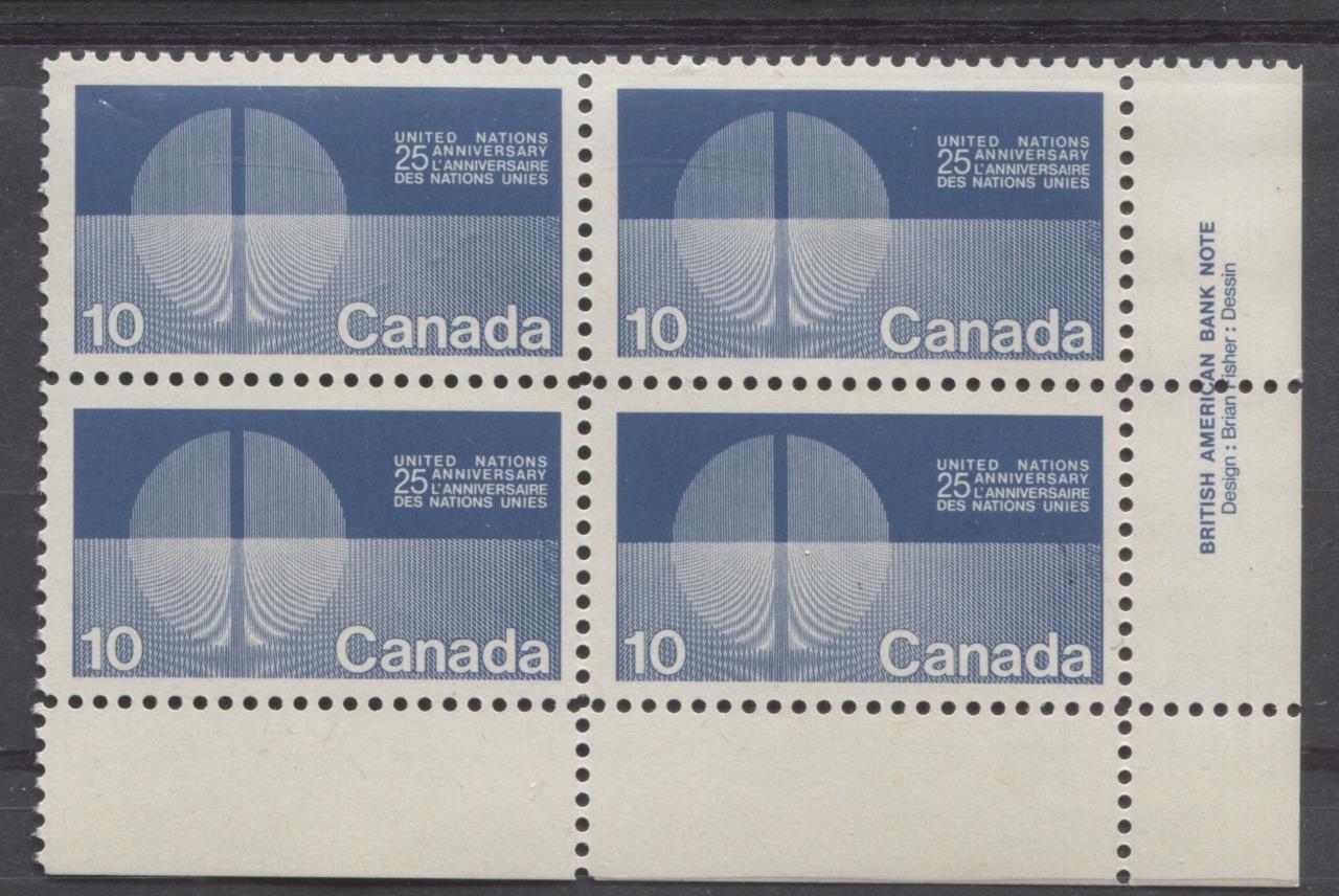 Canada #513i (SG#655) 10c Blue 1970 25th Anniversary Of The UN Issue LR Inscription Block LF Paper VF 75/80 NH Brixton Chrome 