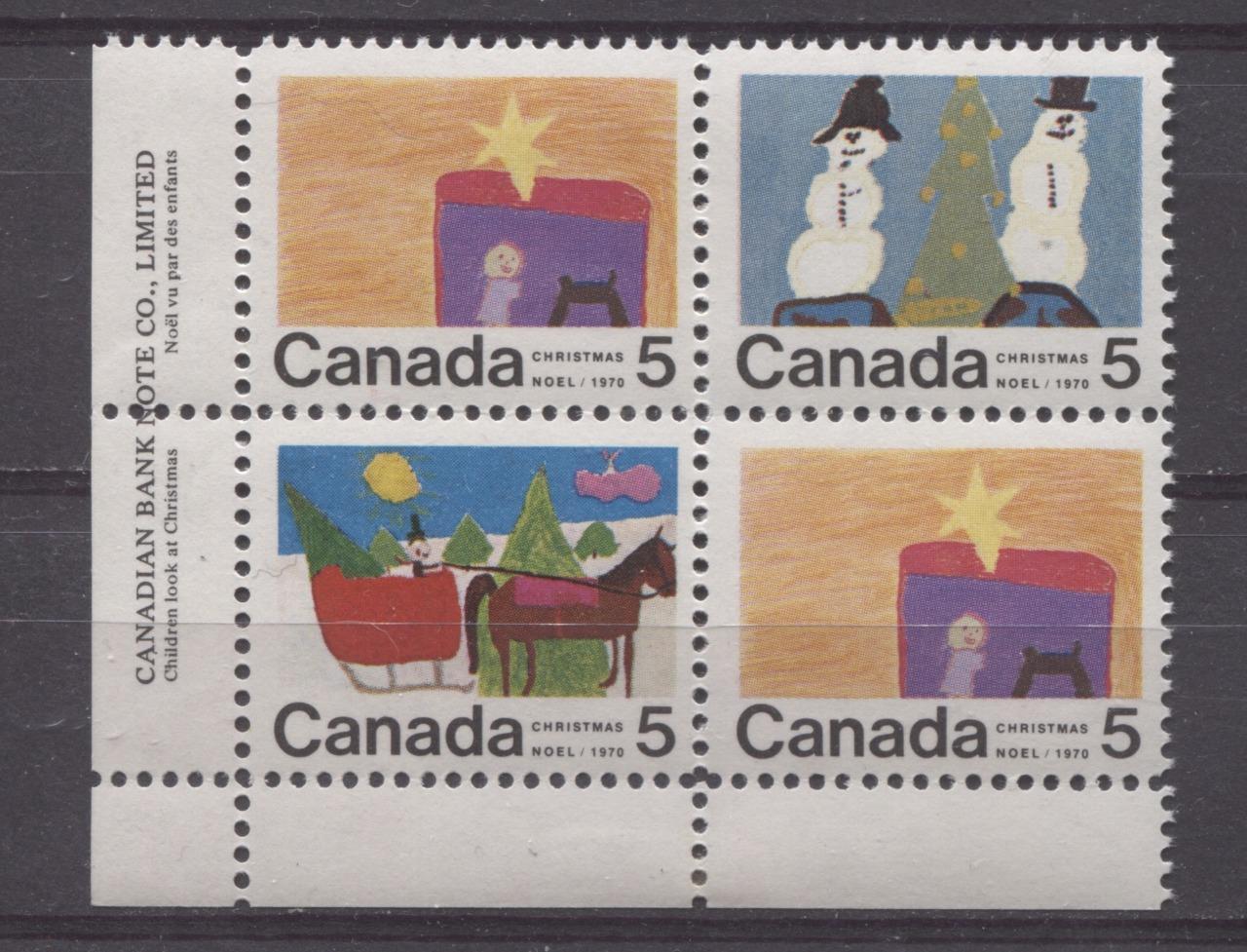 Canada #520, 521, 523 (SG#661-663) 5c Multicolored 1970 Christmas Issue LL Inscription Block HF Paper VF 75/80 NH Brixton Chrome 