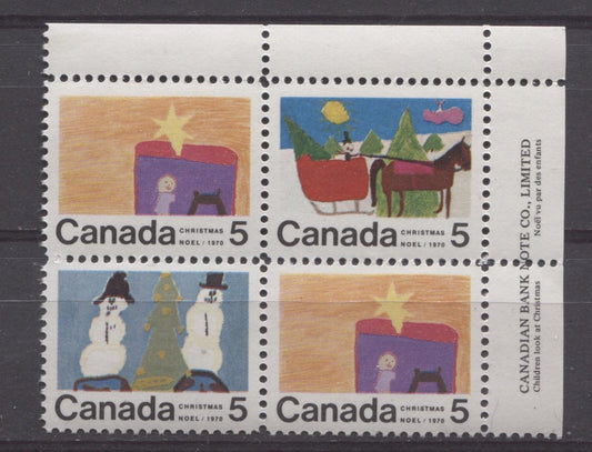 Canada #520, 521, 523 (SG#661-663) 5c Multicolored 1970 Christmas Issue UR Inscription Block HB Paper VF 75/80 NH Brixton Chrome 