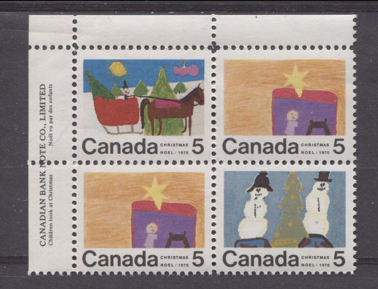 Canada #520, 521, 523 (SG#661-663) 5c Multicolored 1970 Christmas IssueUL Inscription Block HF Paper VF 75/80 NH Brixton Chrome 