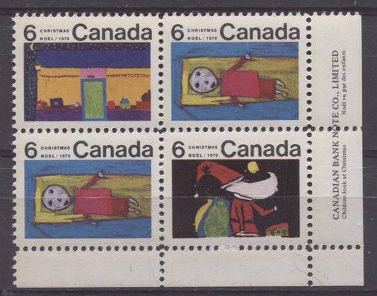 Canada #524, 526, 527 (SG#666-668) 6c Multicolored 1970 Christmas Issue LR Inscription Block HF Paper VF 75/80 NH Brixton Chrome 