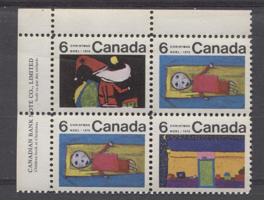 Canada #524, 526, 527 (SG#666-668) 6c Multicolored 1970 Christmas Issue UL Inscription Block HB Paper VF 75/80 NH Brixton Chrome 