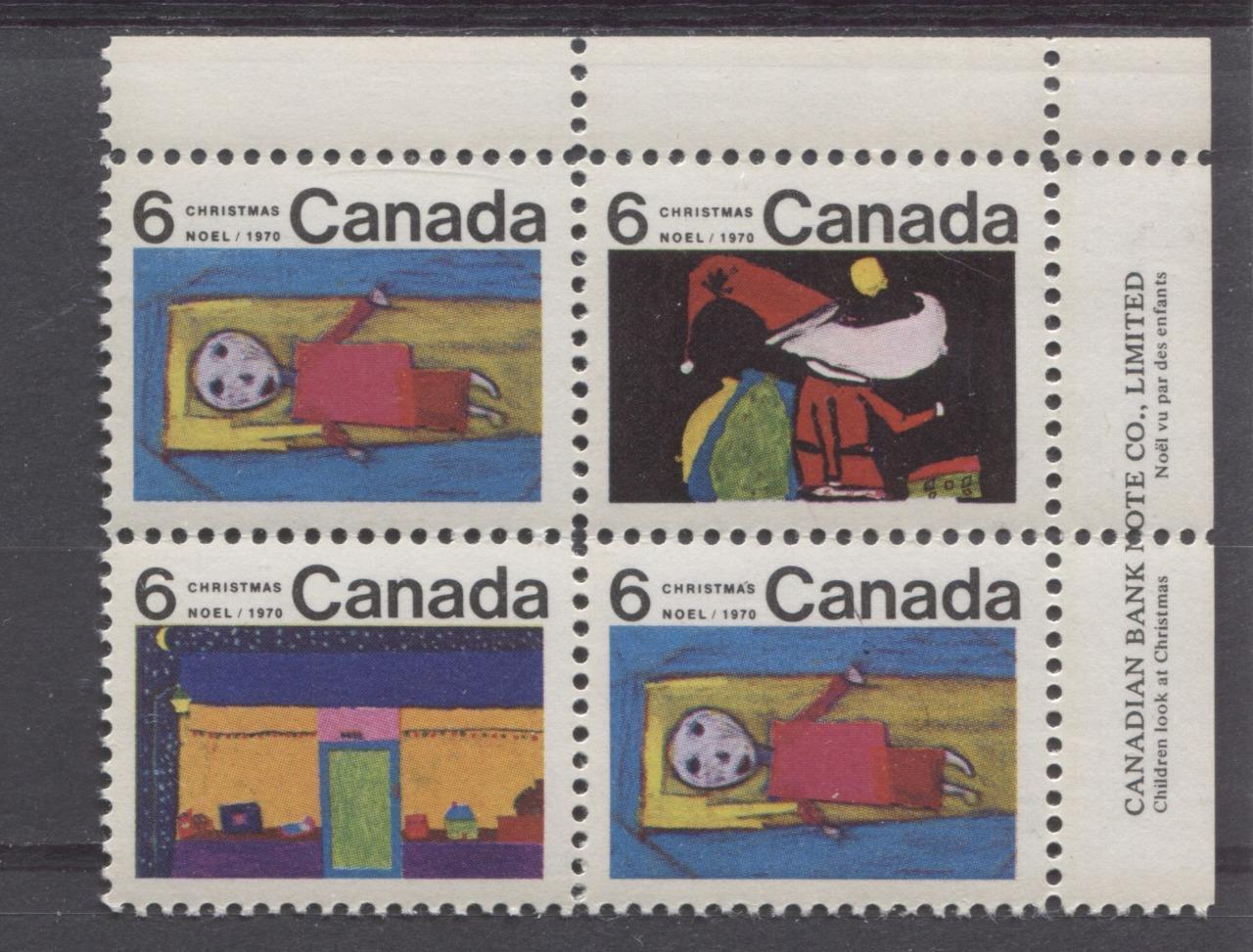 Canada #524, 526, 527 (SG#666-668) 6c Multicolored 1970 Christmas Issue UR Inscription Block HB Paper VF 75/80 NH Brixton Chrome 