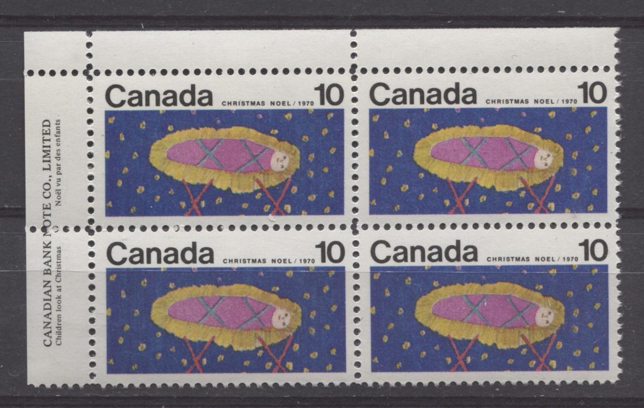 Canada #529 (SG#671) 10c Multicolored Christchild 1970 Christmas Issue UL Inscription Block HB Paper VF 75/80 NH Brixton Chrome 
