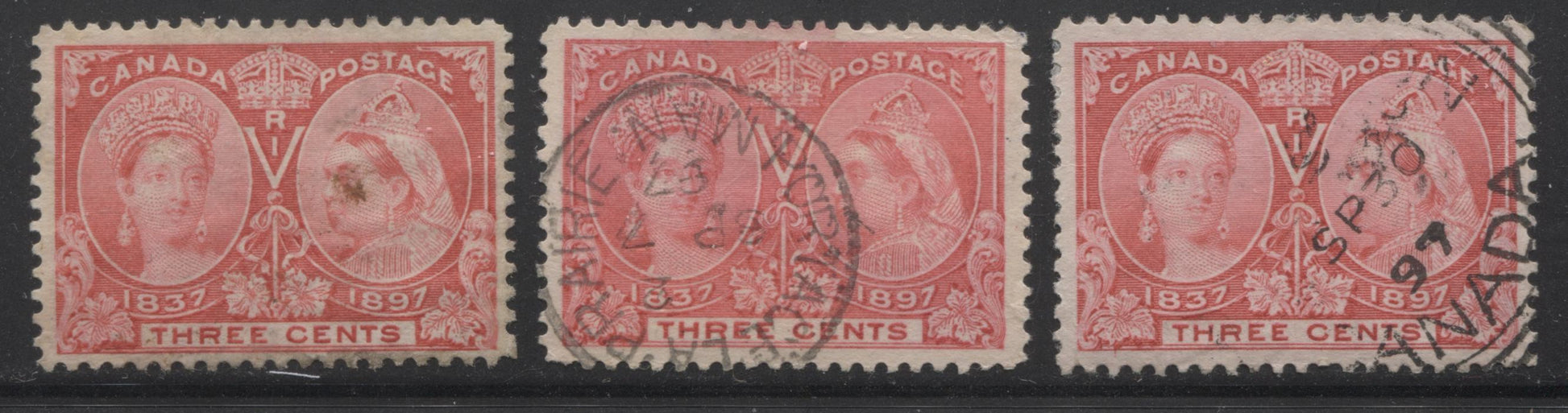 Canada #53 3c Bright Rose Queen Victoria, 1897 Diamond Jubilee Issue, Three Very Fine Used Examples, Each in a Slightly Different Shade Brixton Chrome 