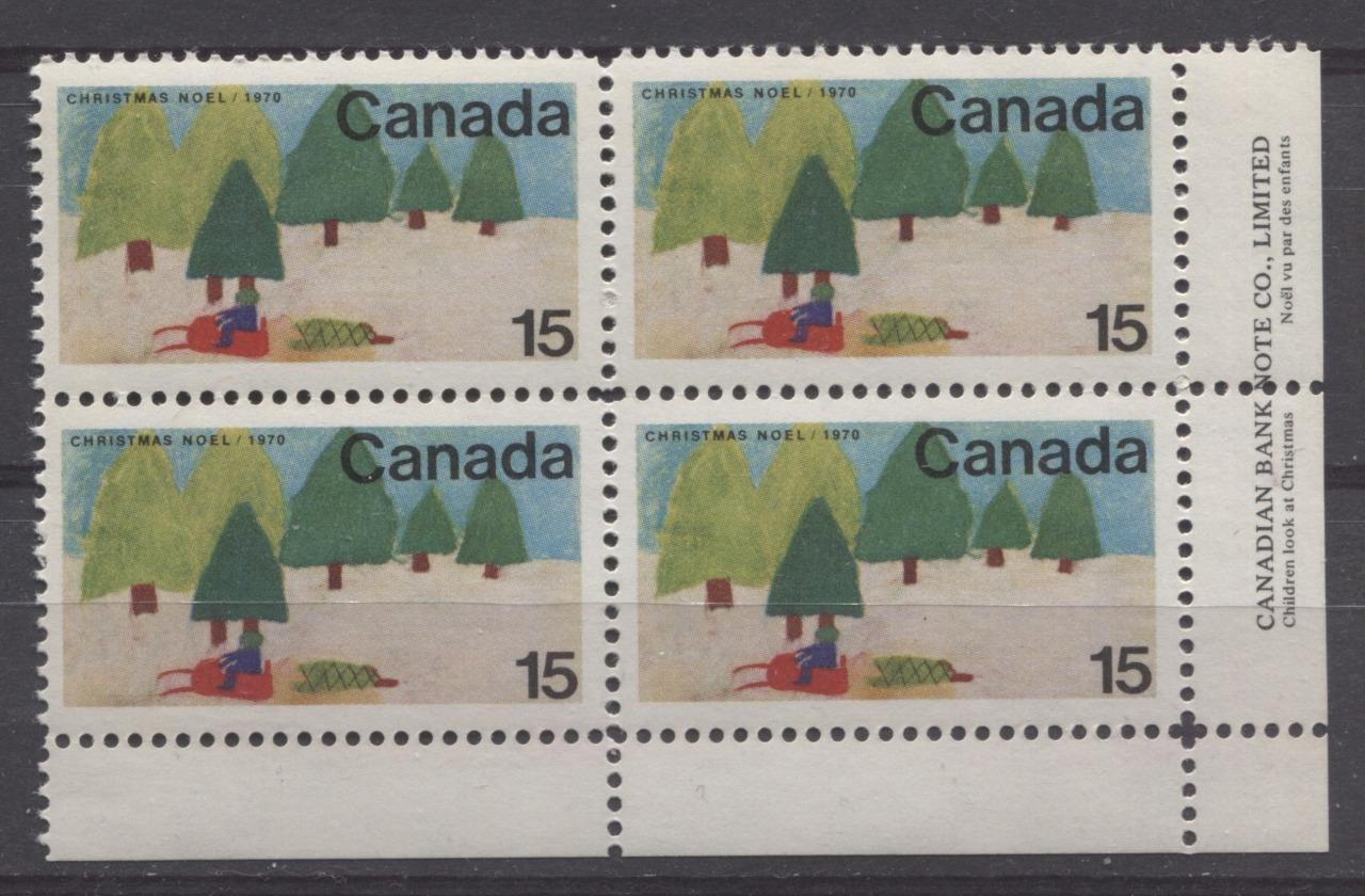 Canada #530 (SG#672) 15c Multicolored Snowmobile 1970 Christmas Issue LR Inscription Block HB Paper VF 75/80 NH Brixton Chrome 