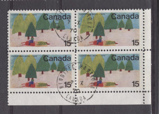 Canada #530 (SG#672) 15c Multicolored Snowmobile 1970 Christmas Issue LR Inscription Block MF/HF Paper F-70 Used Brixton Chrome 