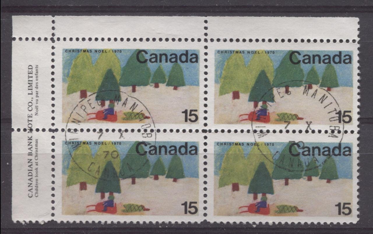 Canada #530 (SG#672) 15c Multicolored Snowmobile 1970 Christmas Issue UL Inscription Block HB/MF Paper VF 75/80 Used Brixton Chrome 