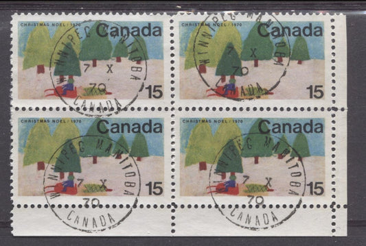 Canada #530p (SG#672p) 15c Multicolored Snowmobile 1970 Christmas Issue W2B Tagged LR Inscription Block MF/HB Paper VF 75/80 Used Brixton Chrome 