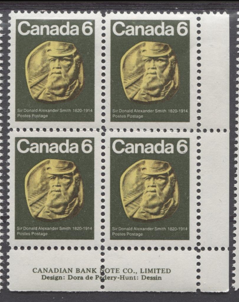 Canada #531 (SG#673) 6c Dark Green,Yellow, And Black Sir Donald Alexander Smith LR Inscription Block HF/MF Paper VF 75/80 NH Brixton Chrome 