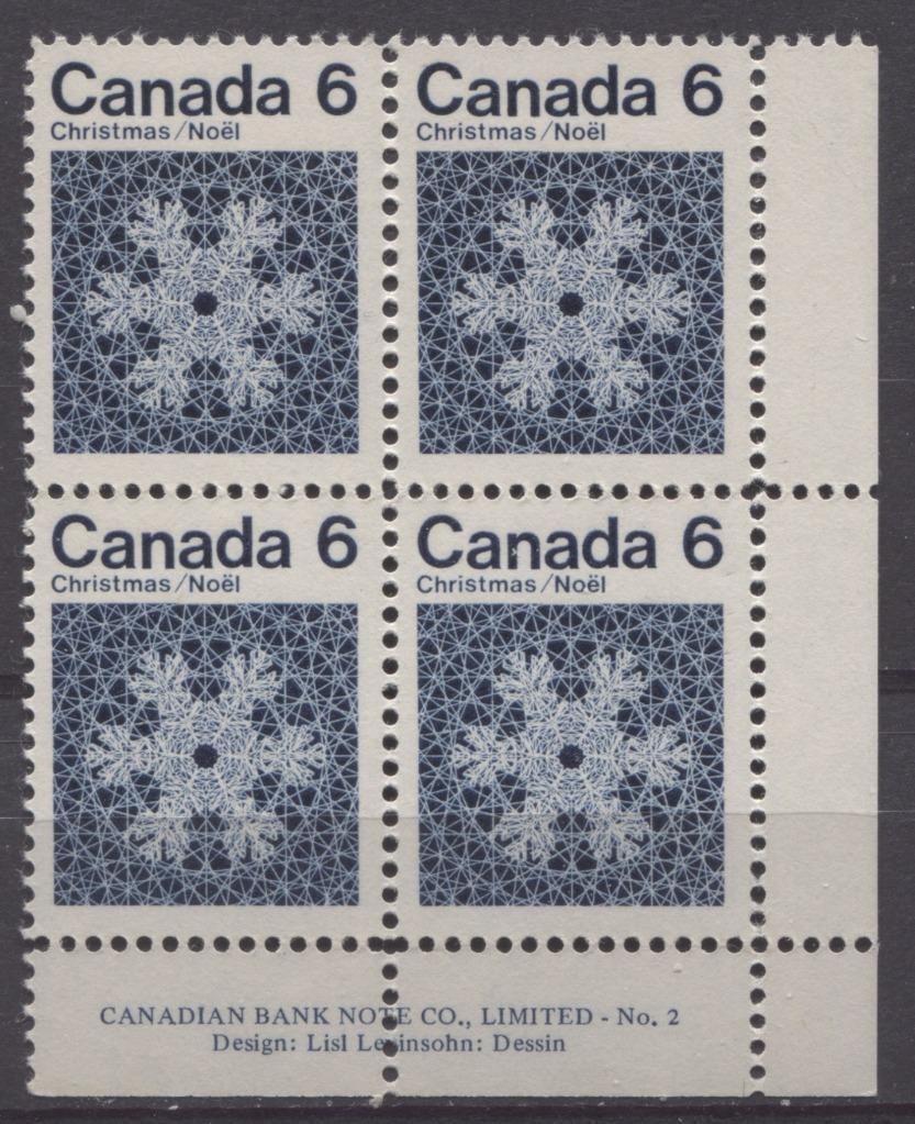 Canada #554i (SG#687o) 6c Deep Blue Snowflake 1971 Christmas Issue Plate 2 LR DF Paper VF-75/80 NH Brixton Chrome 
