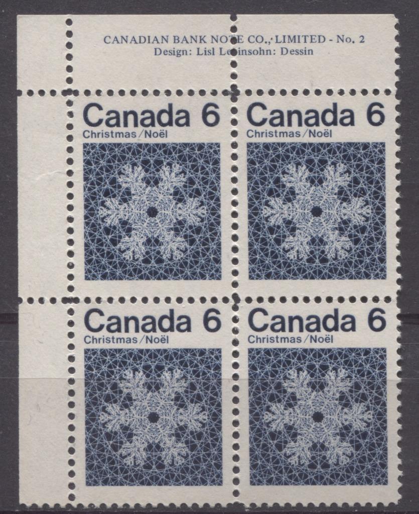 Canada #554i (SG#687o) 6c Deep Blue Snowflake 1971 Christmas Issue Plate 2 UL DF-fl Paper VF-75/80 NH Brixton Chrome 