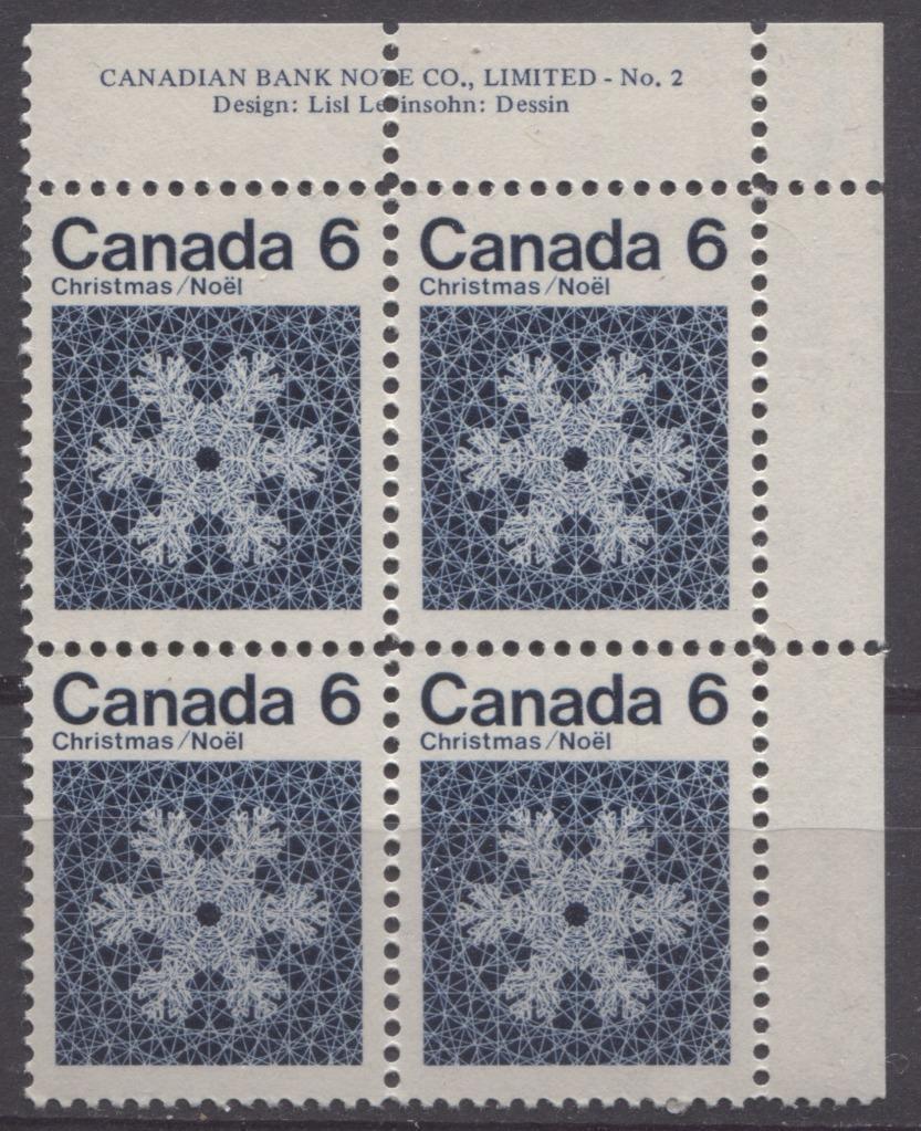 Canada #554i (SG#687o) 6c Deep Blue Snowflake 1971 Christmas Issue Plate 2 UR DF-fl Paper VF-75/80 NH Brixton Chrome 